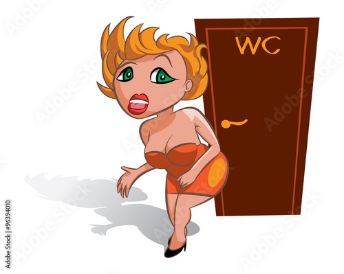 White vector woman waiting near WC, toilet sign