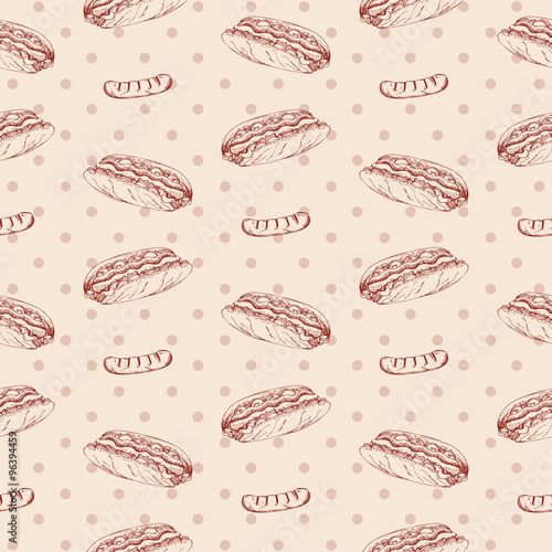 Fast food pattern with hot dog. Hand draw retro illustration. Vintage design.