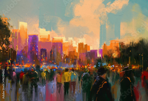 beautiful painting of people in a city park at sunset