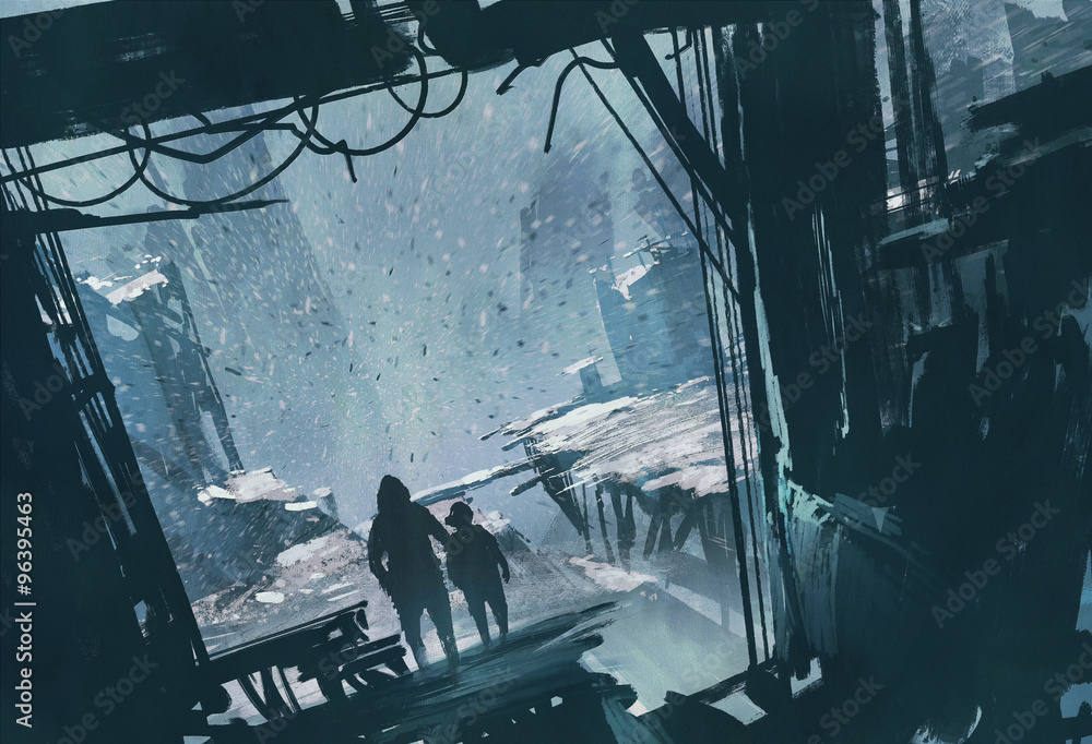Obraz premium man and boy standing looking out at ruined city with snow storm,illustration painting