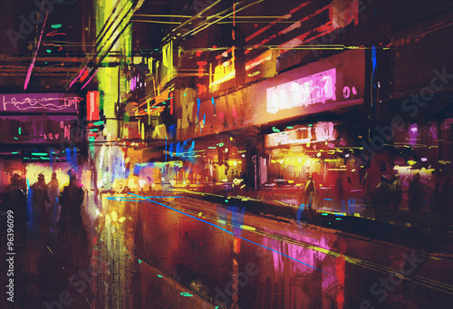 city street with illumination and night life,digital painting