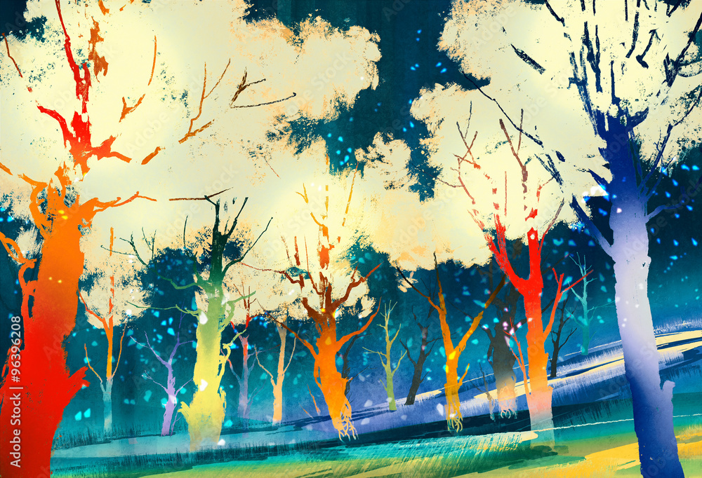 Obraz premium fantasy forest with colorful trees,landscape digital painting