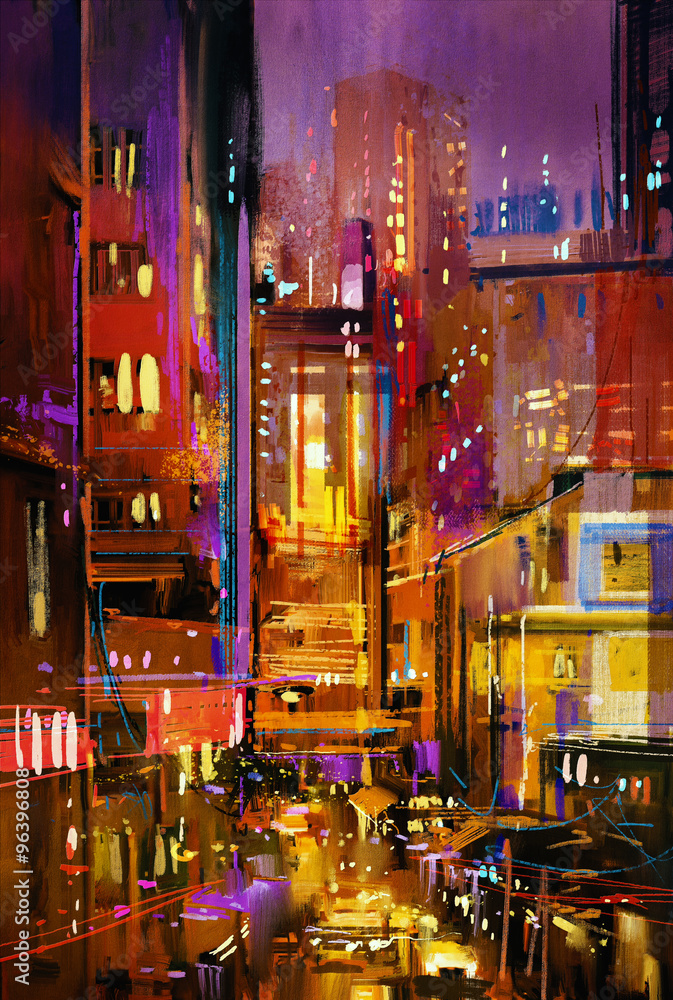 Obraz Malowanie nocnej sceny miasta z kolorowymi światłami