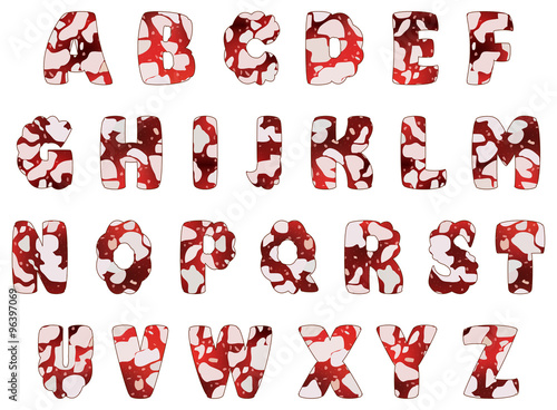 Alphabet of salami sausage, vector illustration, isolated on white