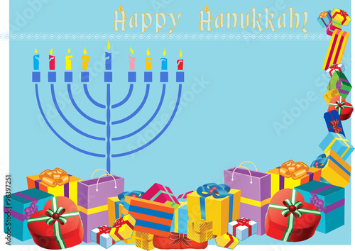 Happy Hanukkah colorful holiday illustration with menorah and ho