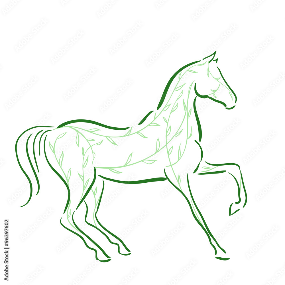 Horse`s silhouette with green floral lines in motion. Vector.