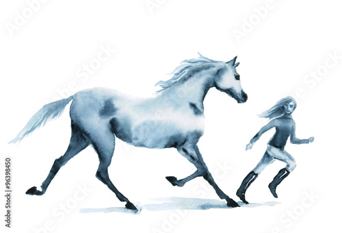 Watercolor horse and girl running on the field. Beautiful hand drawing illustration on white.