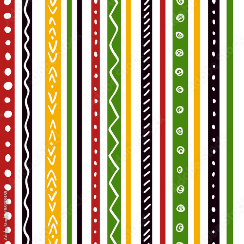 Seamless ethnic pattern with green, yellow, red color stripes. Repeat straight stripes texture background, vector.