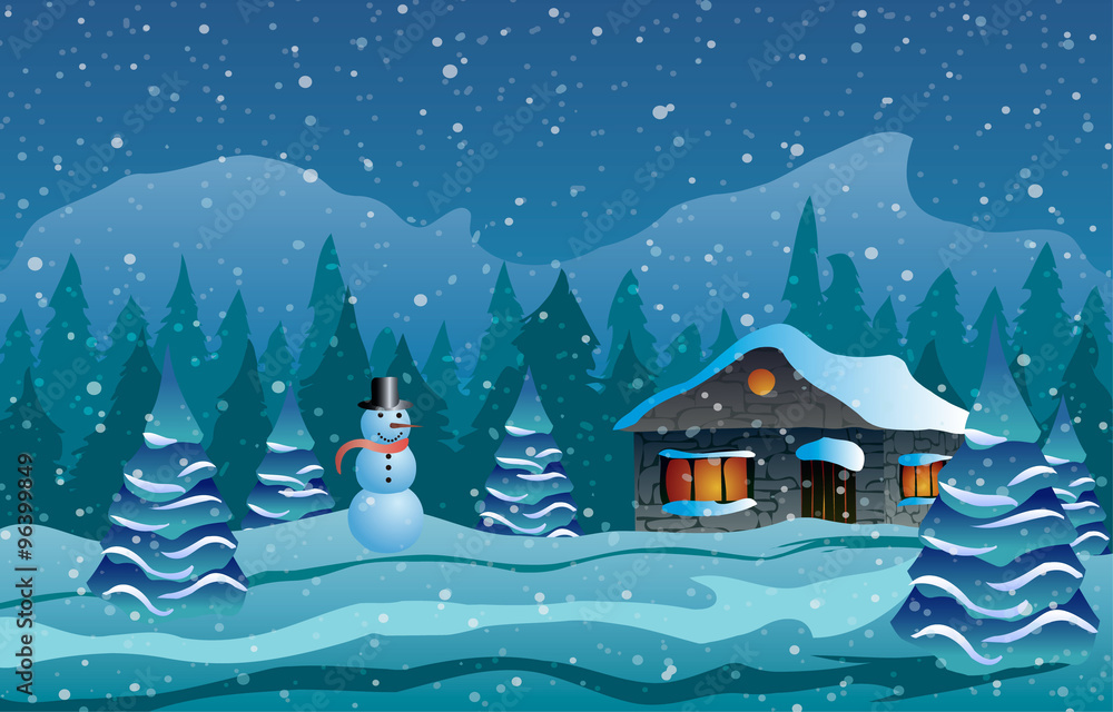 Fototapeta premium Christmas. The house in snow, trees and snowman.