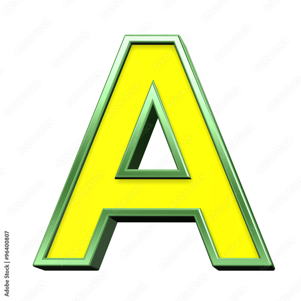 One letter from yellow with green frame alphabet set, isolated on white. Computer generated 3D photo rendering. One letter from yellow with green frame alphabet set, isolated on white. Computer generated 3D photo rendering.