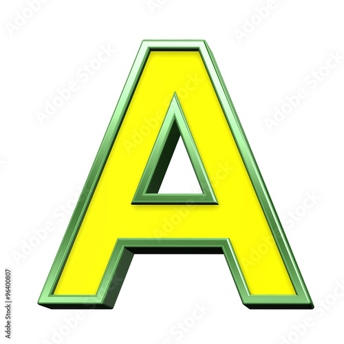One letter from yellow with green frame alphabet set, isolated on white. Computer generated 3D photo rendering.