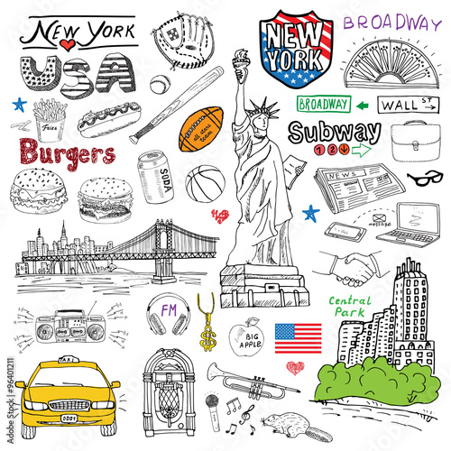 New York city doodles elements. Hand drawn set with, taxi, coffee, hotdog, burger, statue of liberty, broadway, music, coffee, newspaper, manhatan bridge, central park. Doodle collection, isolated