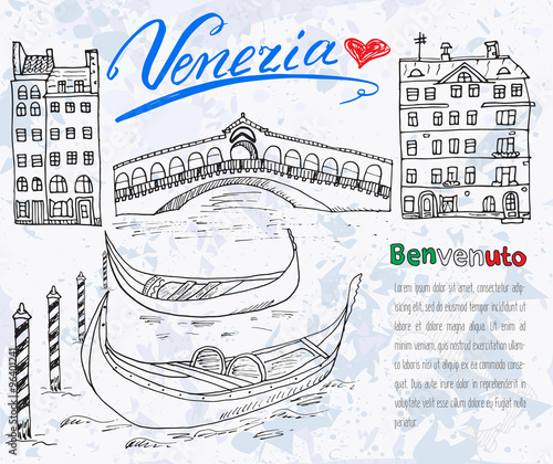 Venice Italy sketch elements. Hand drawn set with flag, map, gondolas, houses, market bridge. Lettering Venice, welcome in Italian. Drawing doodle collection and sampe text, isolated photo