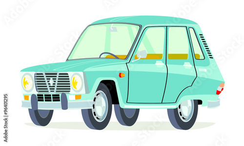 Caricatura Renault 6 serie 1 aguamarina vista frontal y lateral