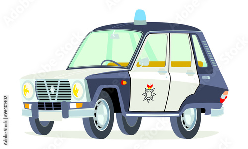 Caricatura Renault 6 serie 1 policía España negro y blanco vista frontal y lateral