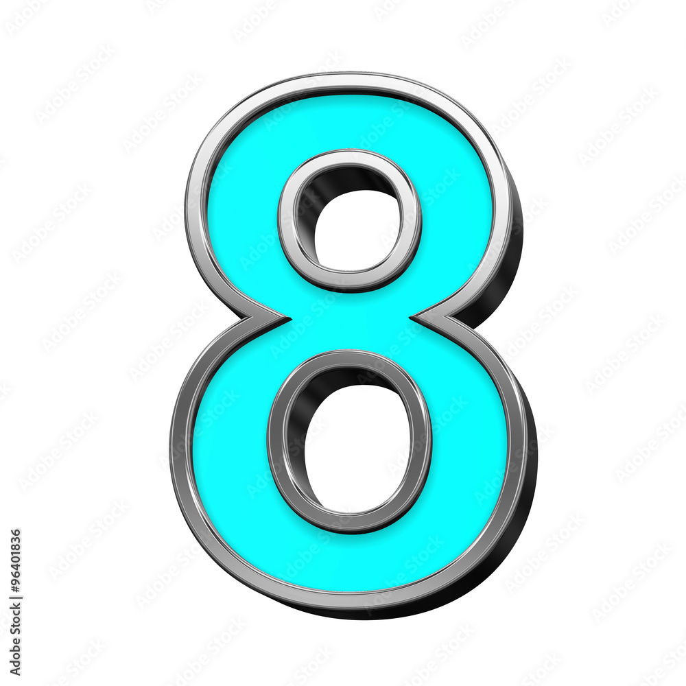 One digit from turquoise with chrome frame alphabet set, isolated on white. Computer generated 3D photo rendering. One digit from turquoise with chrome frame alphabet set, isolated on white. Computer generated 3D photo rendering.