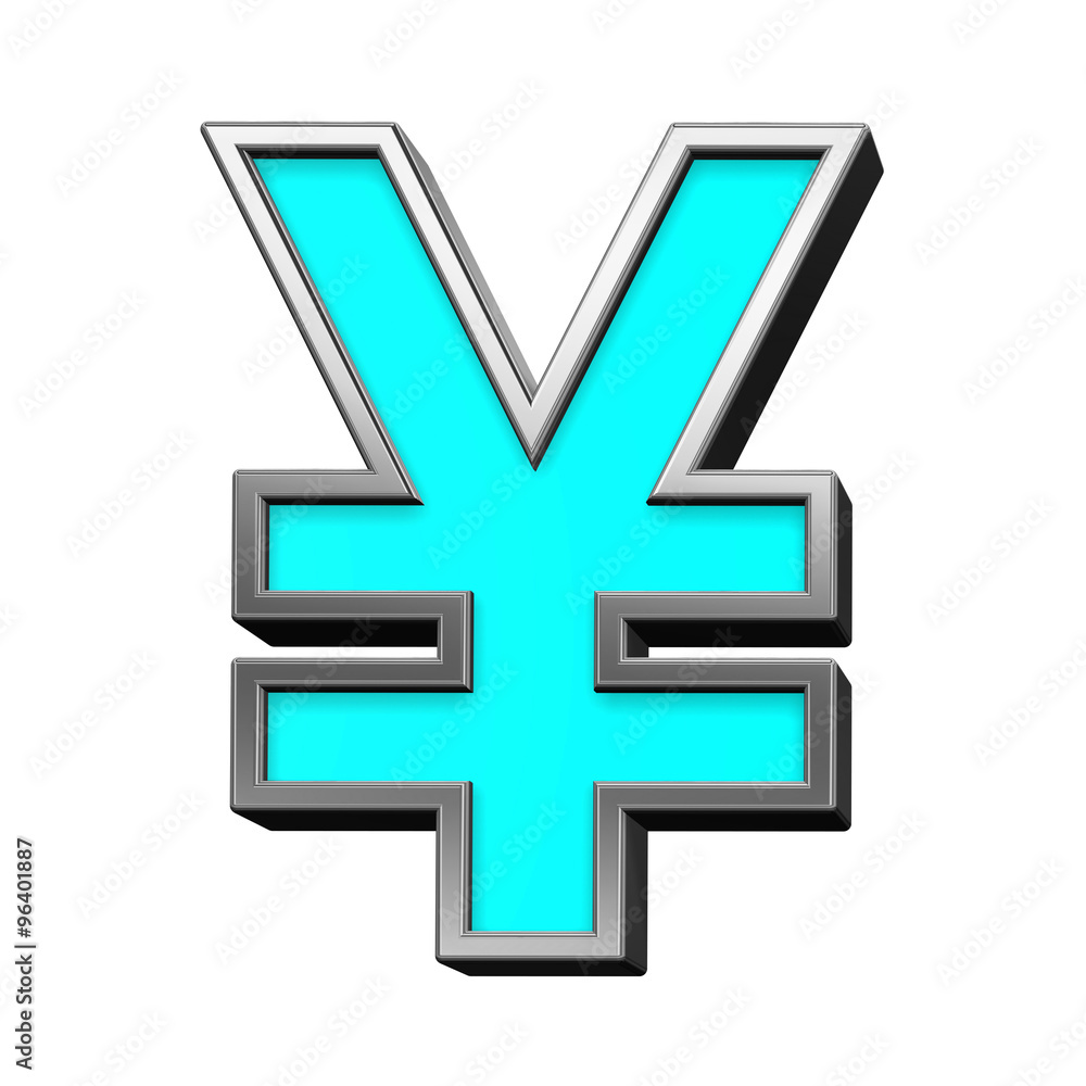Yen sign from turquoise with chrome frame alphabet set, isolated on white. Computer generated 3D photo rendering. Yen sign from turquoise with chrome frame alphabet set, isolated on white. Computer generated 3D photo rendering.