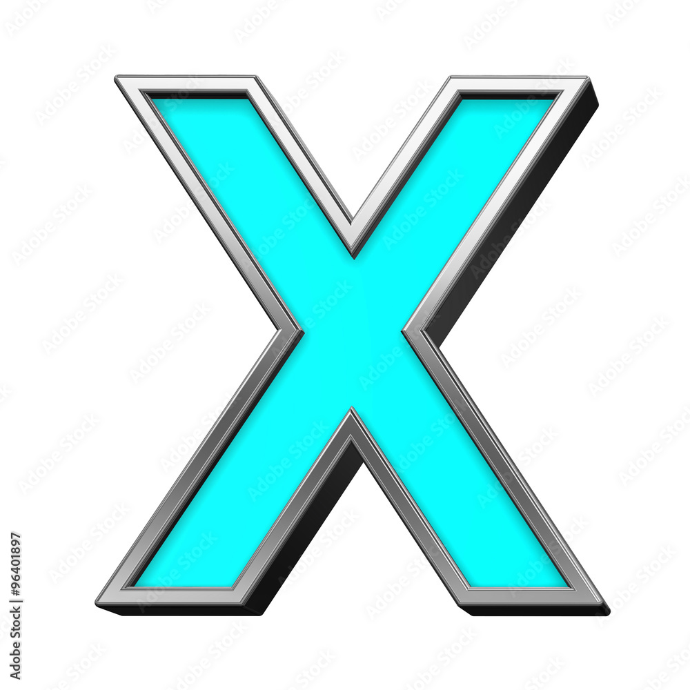 One letter from turquoise with chrome frame alphabet set, isolated on white. Computer generated 3D photo rendering. One letter from turquoise with chrome frame alphabet set, isolated on white. Computer generated 3D photo rendering.