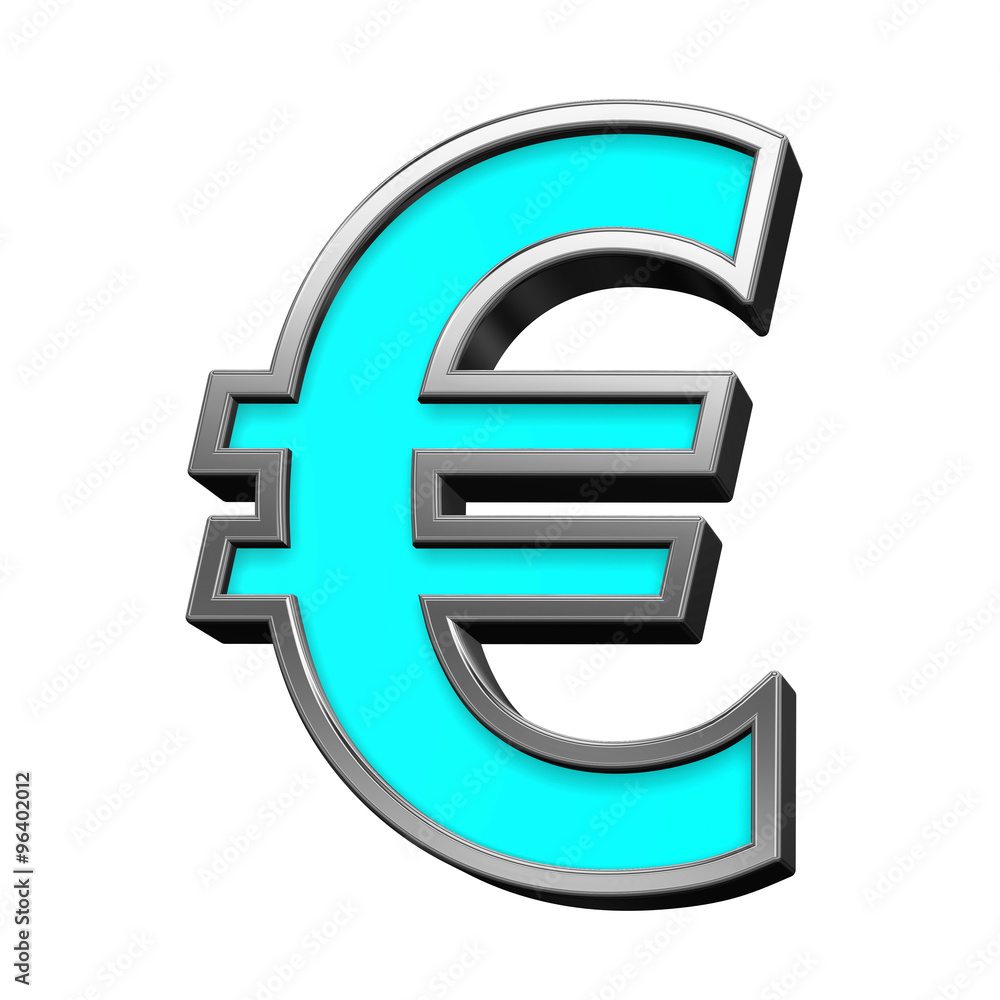 Euro sign from turquoise with chrome frame alphabet set, isolated on white. Computer generated 3D photo rendering. Euro sign from turquoise with chrome frame alphabet set, isolated on white. Computer generated 3D photo rendering.