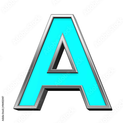 One letter from turquoise with chrome frame alphabet set, isolated on white. Computer generated 3D photo rendering.
