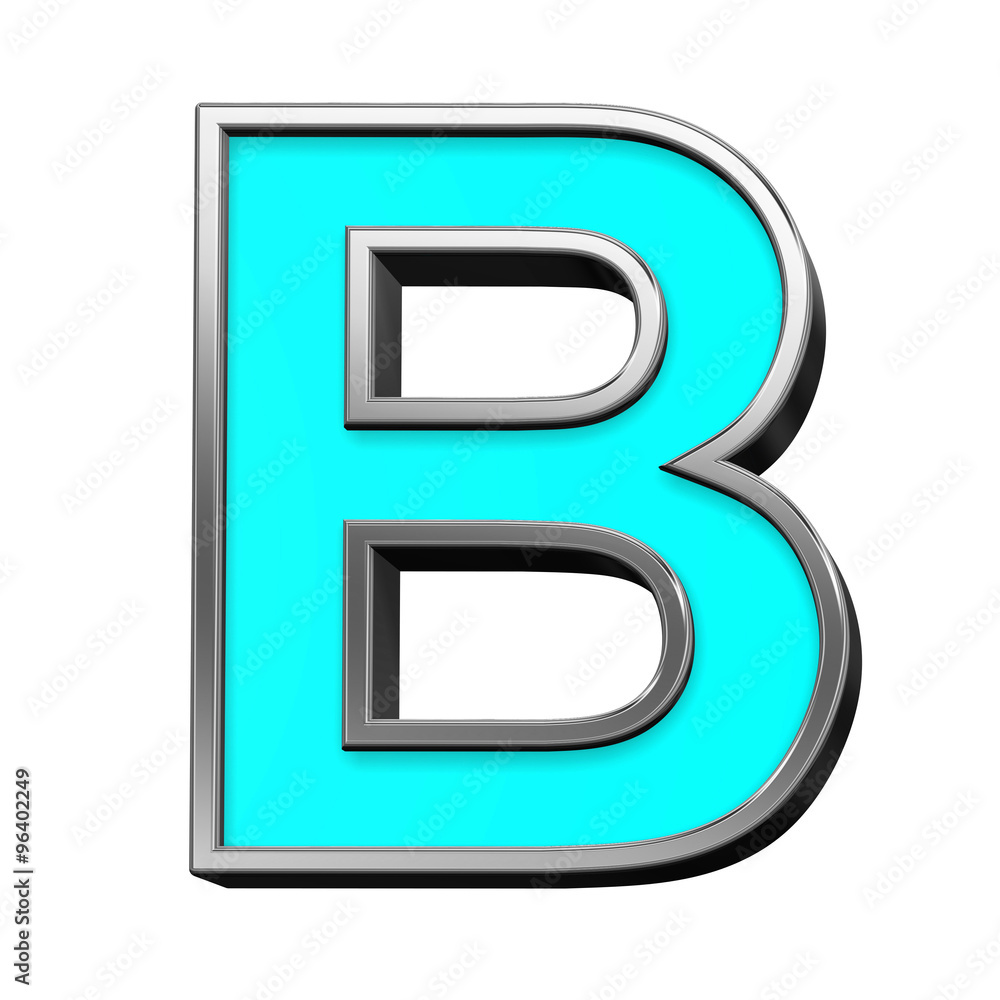One letter from turquoise with chrome frame alphabet set, isolated on white. Computer generated 3D photo rendering. One letter from turquoise with chrome frame alphabet set, isolated on white. Computer generated 3D photo rendering.