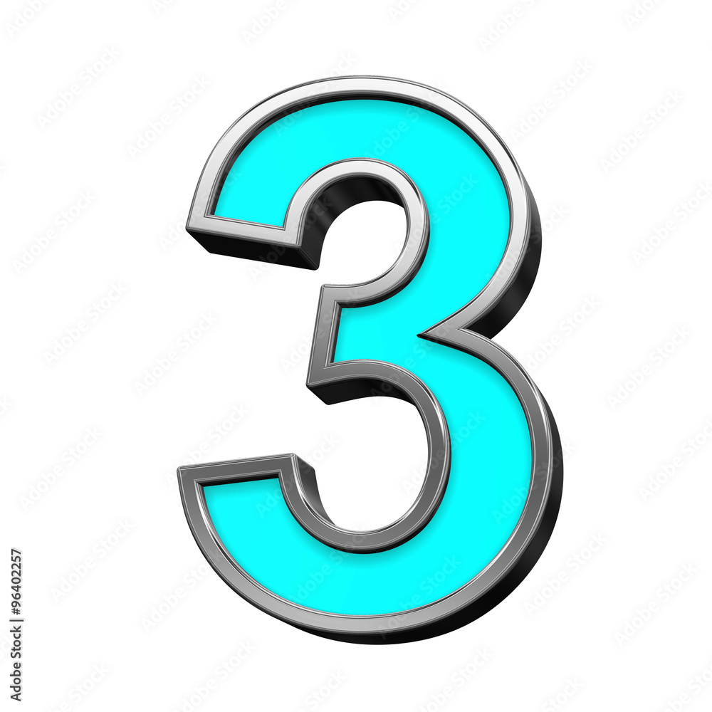 One digit from turquoise with chrome frame alphabet set, isolated on white. Computer generated 3D photo rendering. One digit from turquoise with chrome frame alphabet set, isolated on white. Computer generated 3D photo rendering.