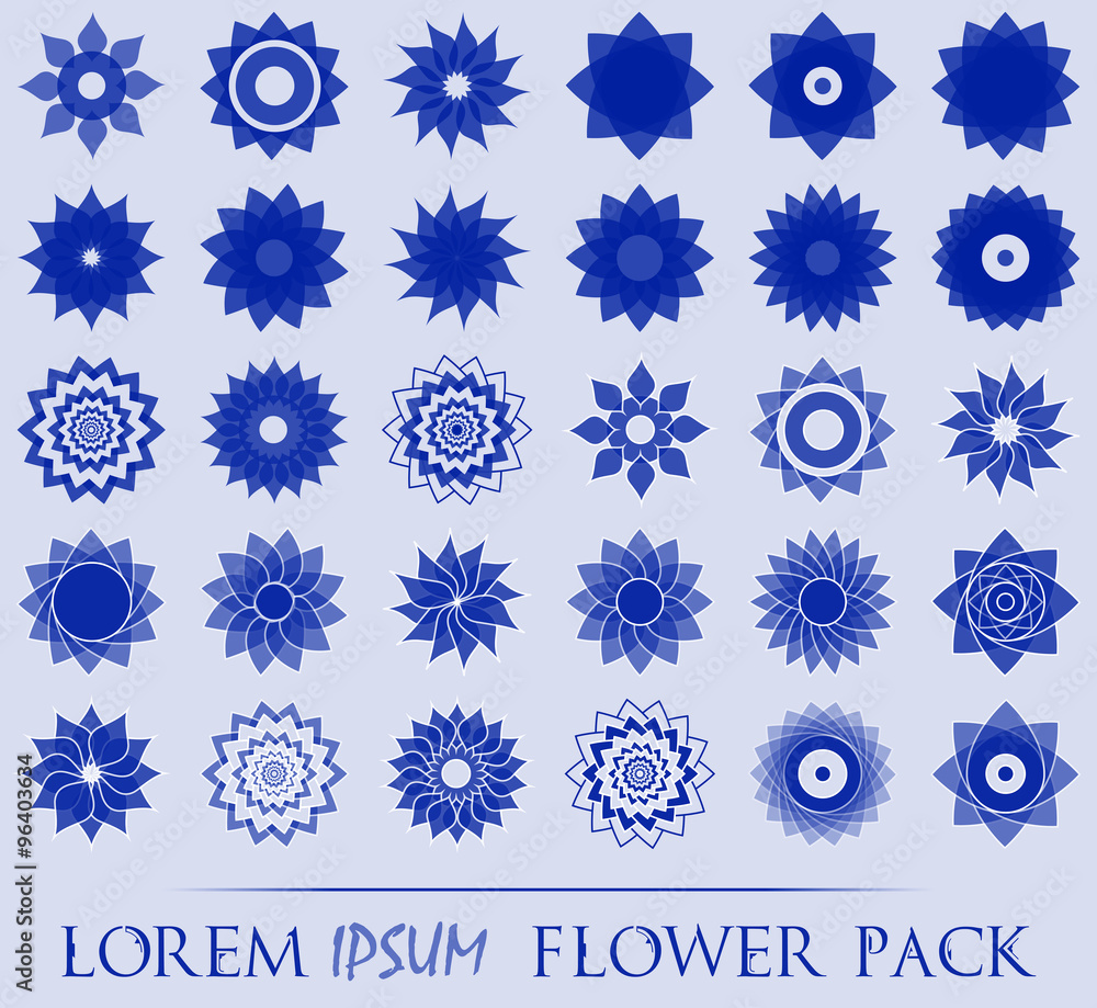 Pack of 30 transparent blue abstract geometric flowers logo template. Business abstract icon. Use for logo, sign, symbol, web, label, icon. Vector illustration Pack of 30 transparent blue abstract geometric flowers logo template. Business abstract icon. Use for logo, sign, symbol, web, label, icon. Vector illustration