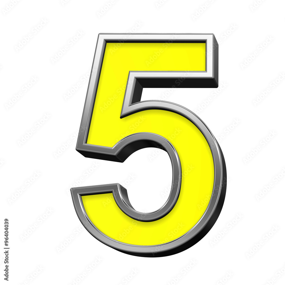 One digit from yellow with chrome frame alphabet set, isolated on white. Computer generated 3D photo rendering. One digit from yellow with chrome frame alphabet set, isolated on white. Computer generated 3D photo rendering.