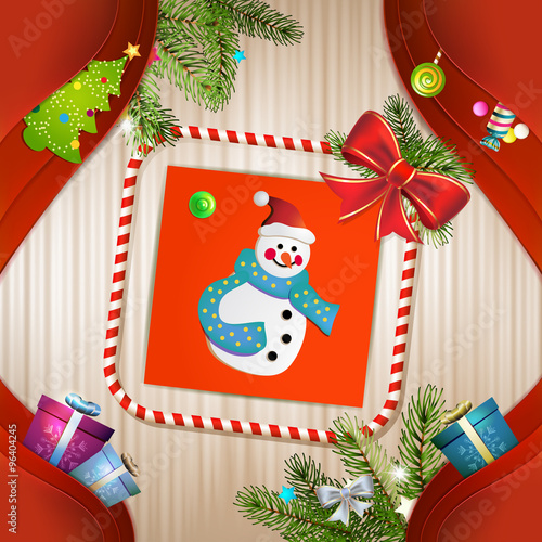 Christmas card with snowman, bow and pine tree