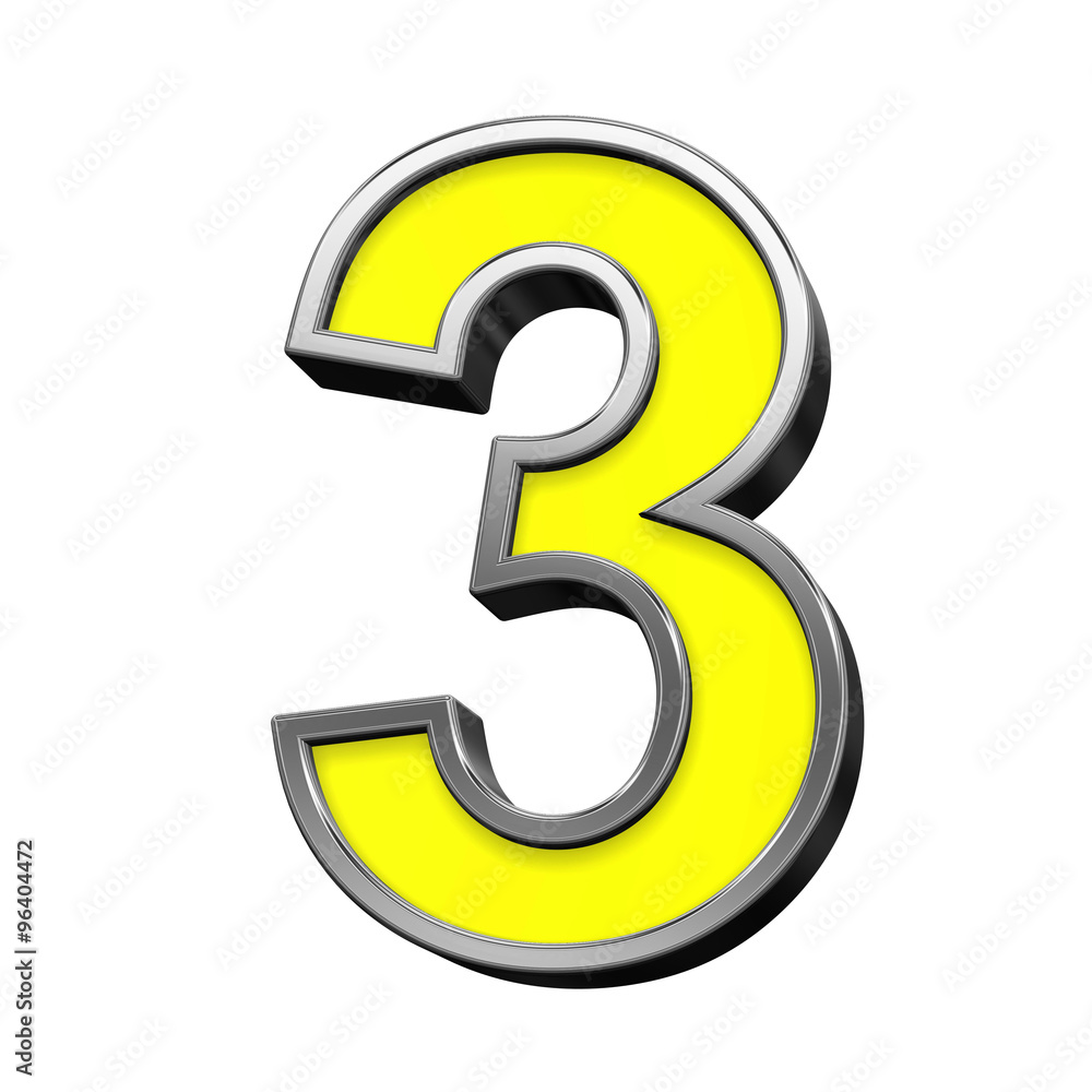 One digit from yellow with chrome frame alphabet set, isolated on white. Computer generated 3D photo rendering. One digit from yellow with chrome frame alphabet set, isolated on white. Computer generated 3D photo rendering.