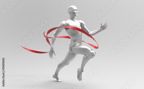Three dimensional white human run red line. Red Ribbon.