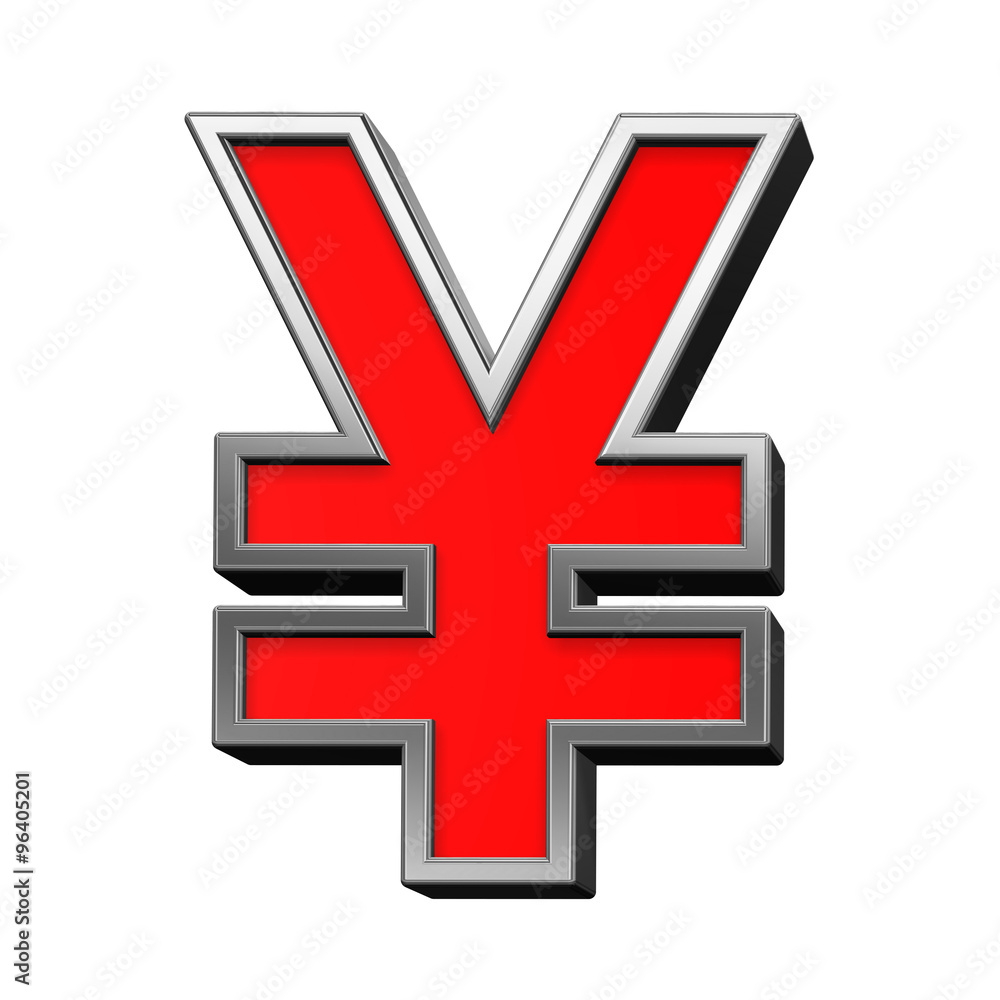 Yen sign from red with chrome frame alphabet set, isolated on white. Computer generated 3D photo rendering. Yen sign from red with chrome frame alphabet set, isolated on white. Computer generated 3D photo rendering.