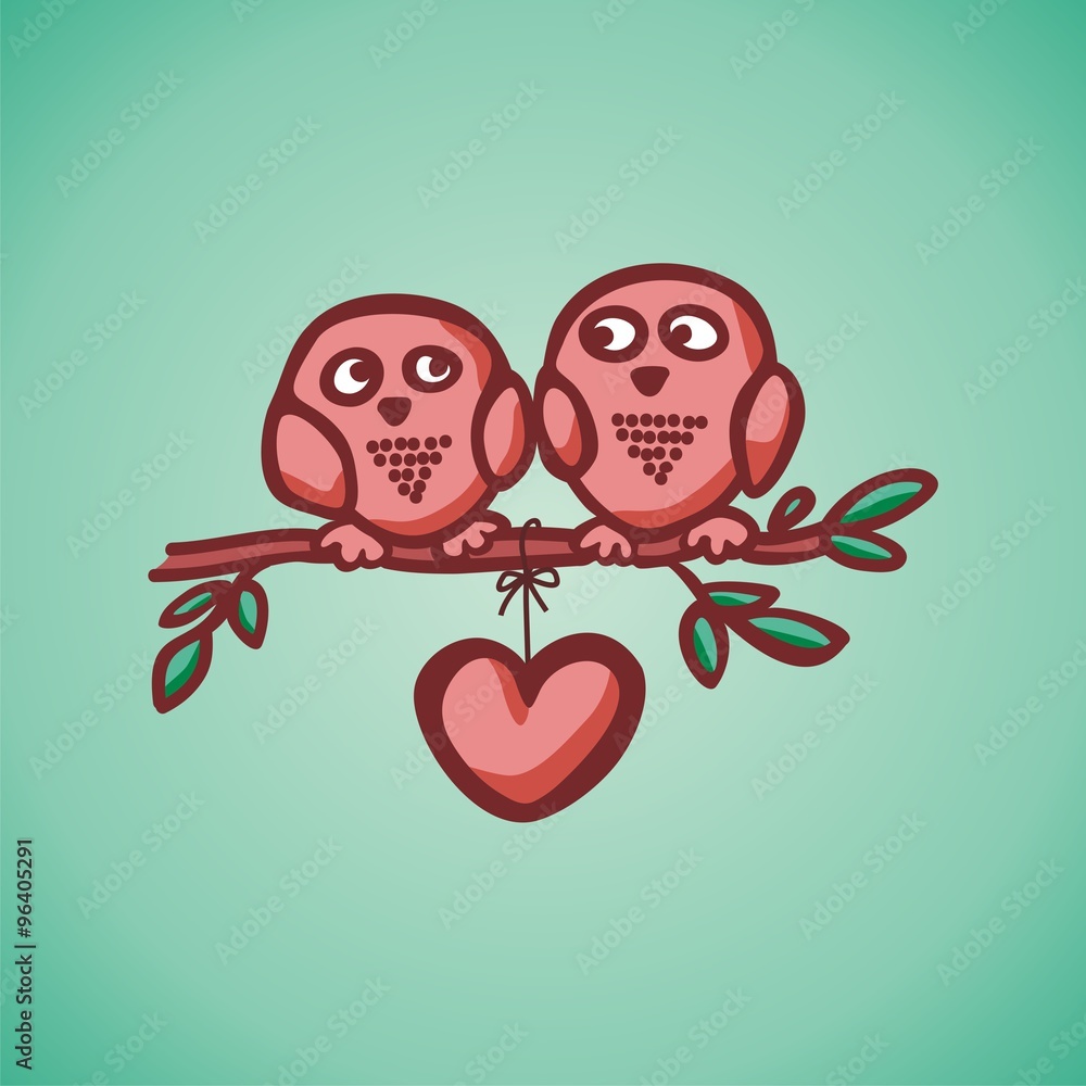 Fototapeta premium owls fall in love on the branch. Vector illustration