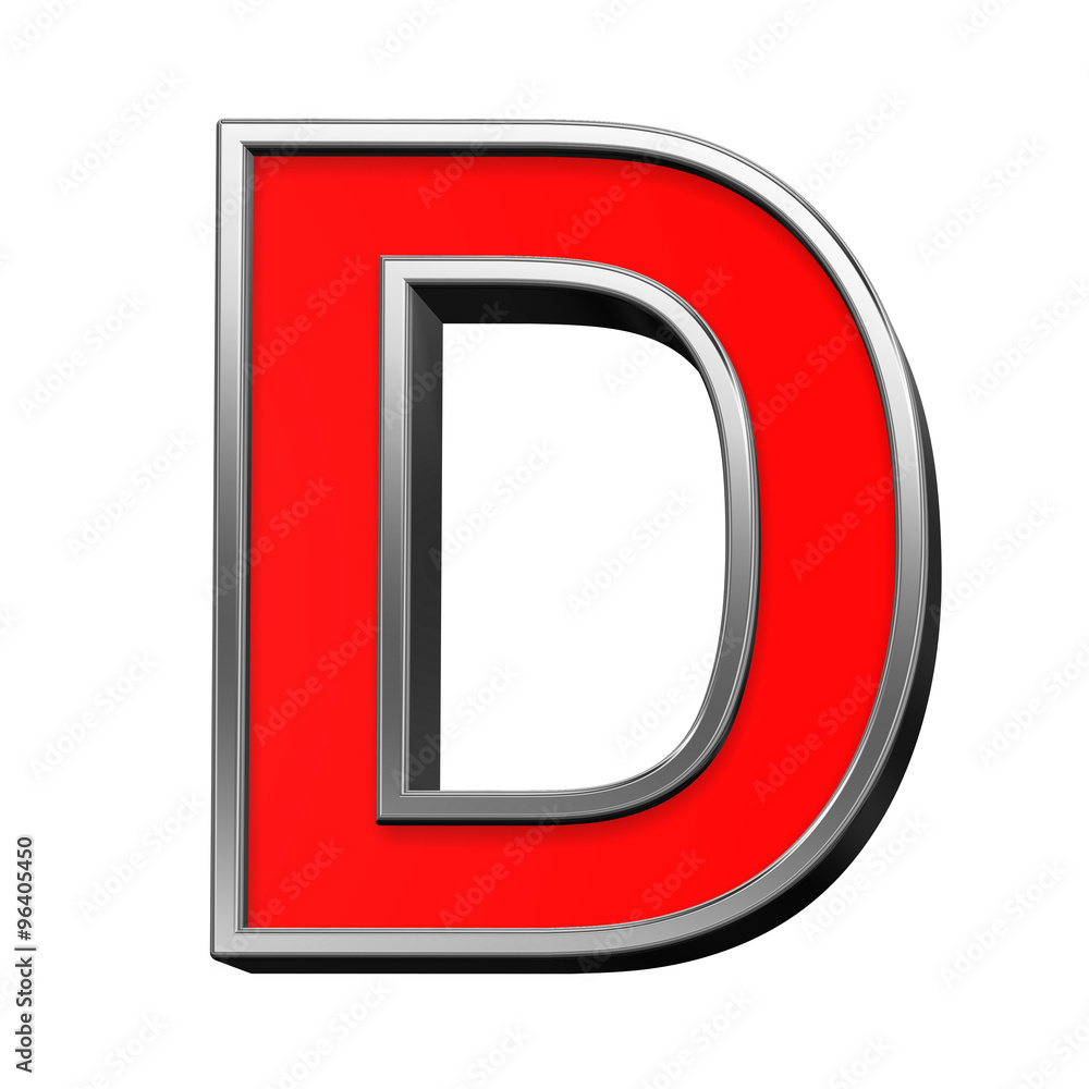 One letter from red with chrome frame alphabet set, isolated on white. Computer generated 3D photo rendering.
