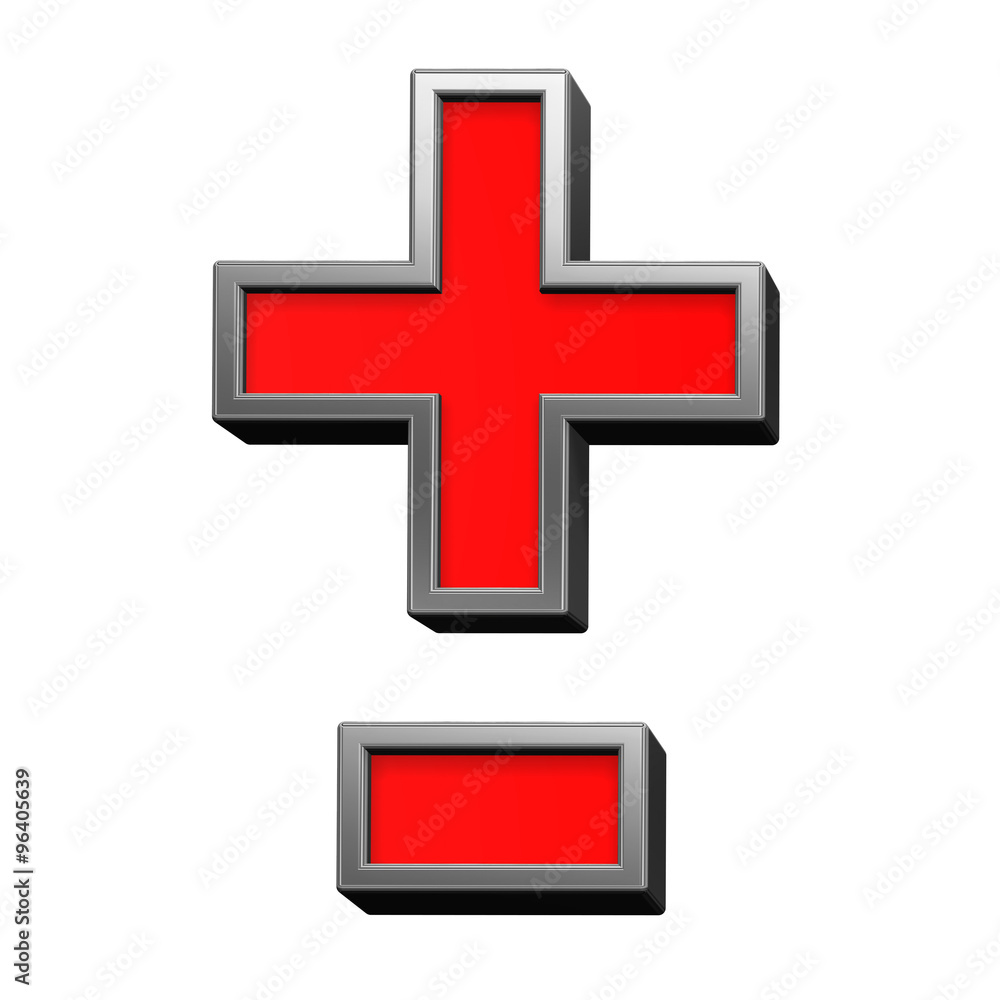 Hyphen, minus, plus marks from red with chrome frame alphabet set, isolated on white. Computer generated 3D photo rendering. Hyphen, minus, plus marks from red with chrome frame alphabet set, isolated on white. Computer generated 3D photo rendering.