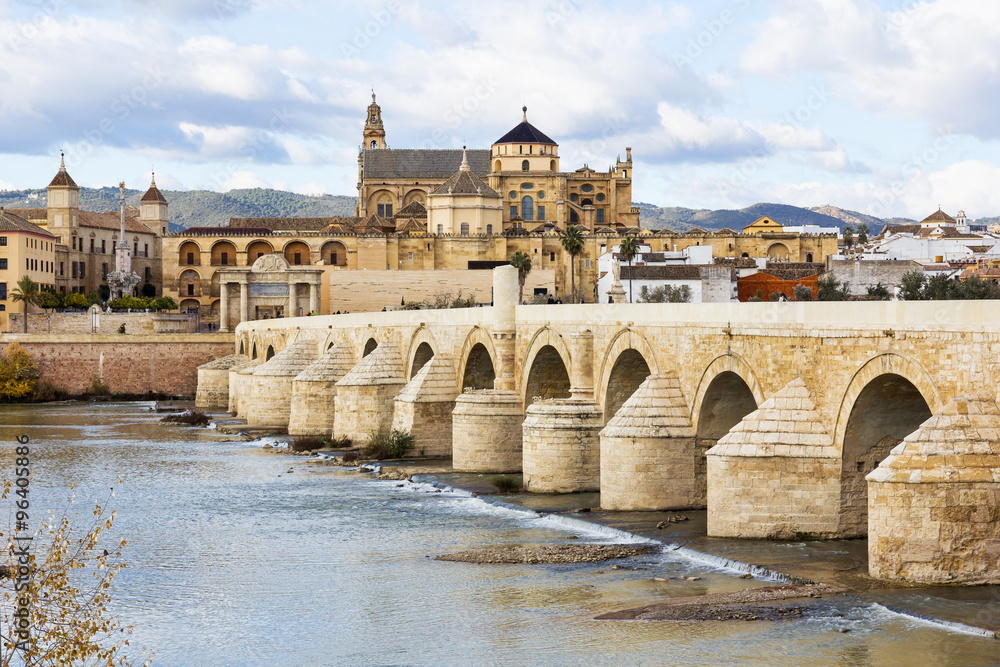 Roman Bridge and Mosque Cathedral of Cordoba in Spain
