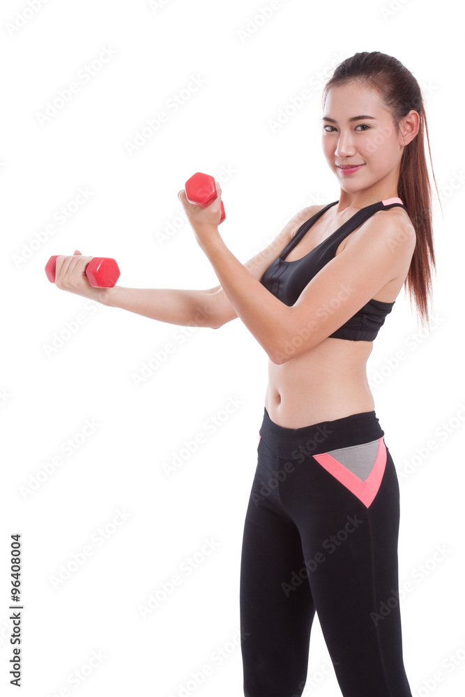 Portrait of young woman doing exercise with lifting weights Portrait of young woman doing exercise with lifting weights