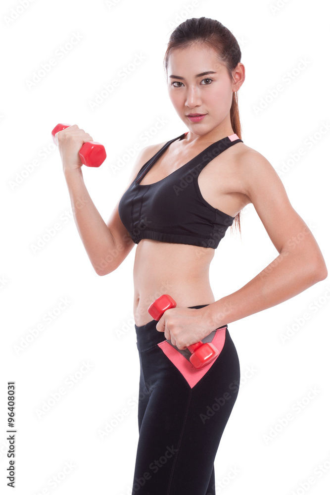 Portrait of young woman doing exercise with lifting weights Portrait of young woman doing exercise with lifting weights