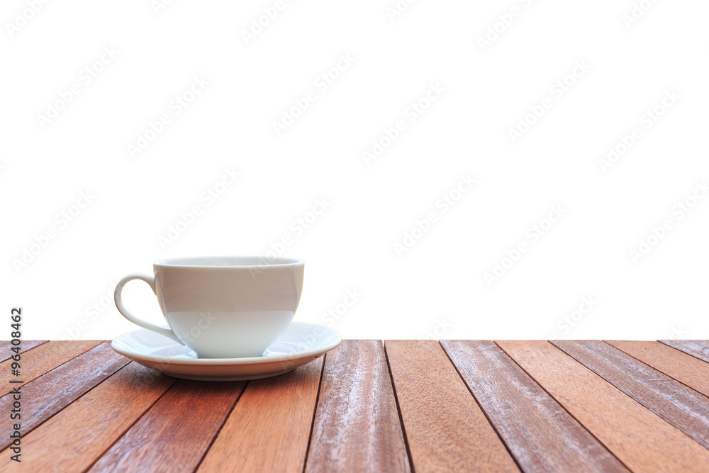White coffee cup on wood table isolated on white background White coffee cup on wood table isolated on white background