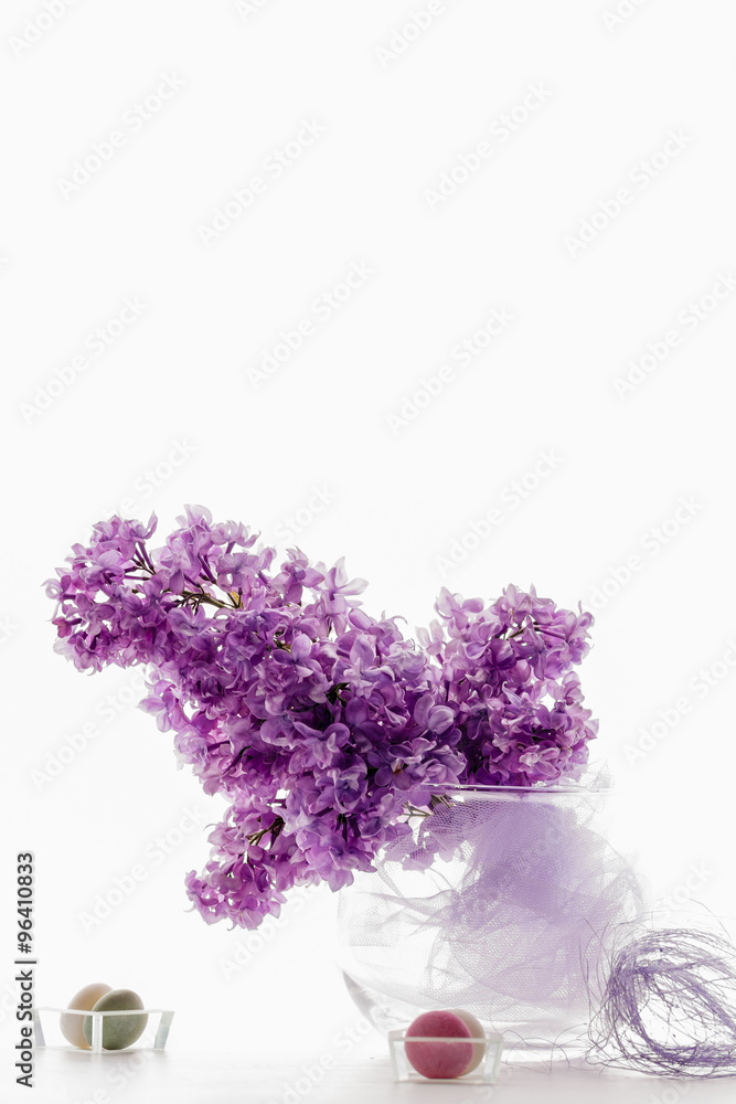 Bouquet of Spring Fresh Lilacs on Vase With Decorative Accessories