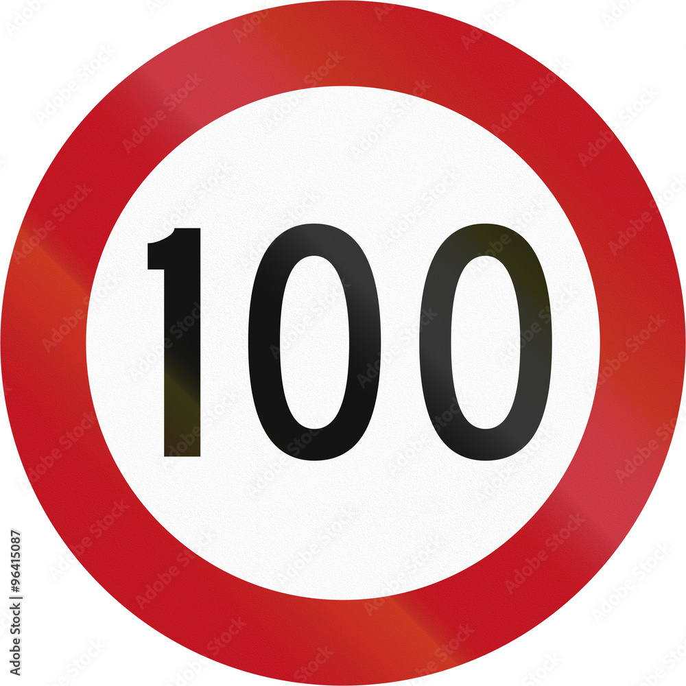 New Zealand road sign RG-2 - 100 kmh limit. This is the maximum legal speed for motor vehicles in New Zealand New Zealand road sign RG-2 - 100 kmh limit. This is the maximum legal speed for motor vehicles in New Zealand