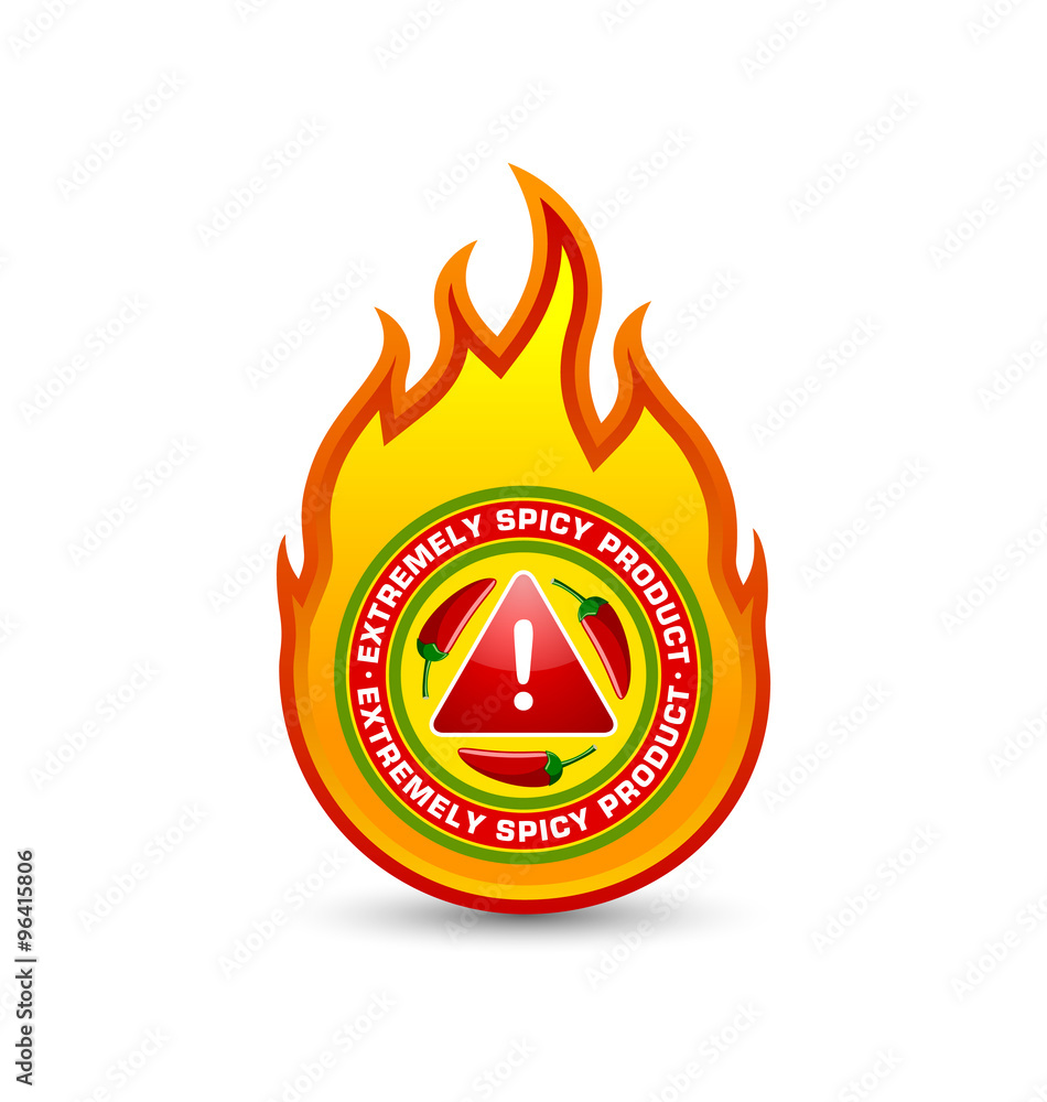 Extremely spicy product fire shaped badge with three red chilli peppers and exclamation mark symbol Extremely spicy product fire shaped badge with three red chilli peppers and exclamation mark symbol