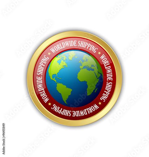 Golden worldwide shipping badge isolated on white background