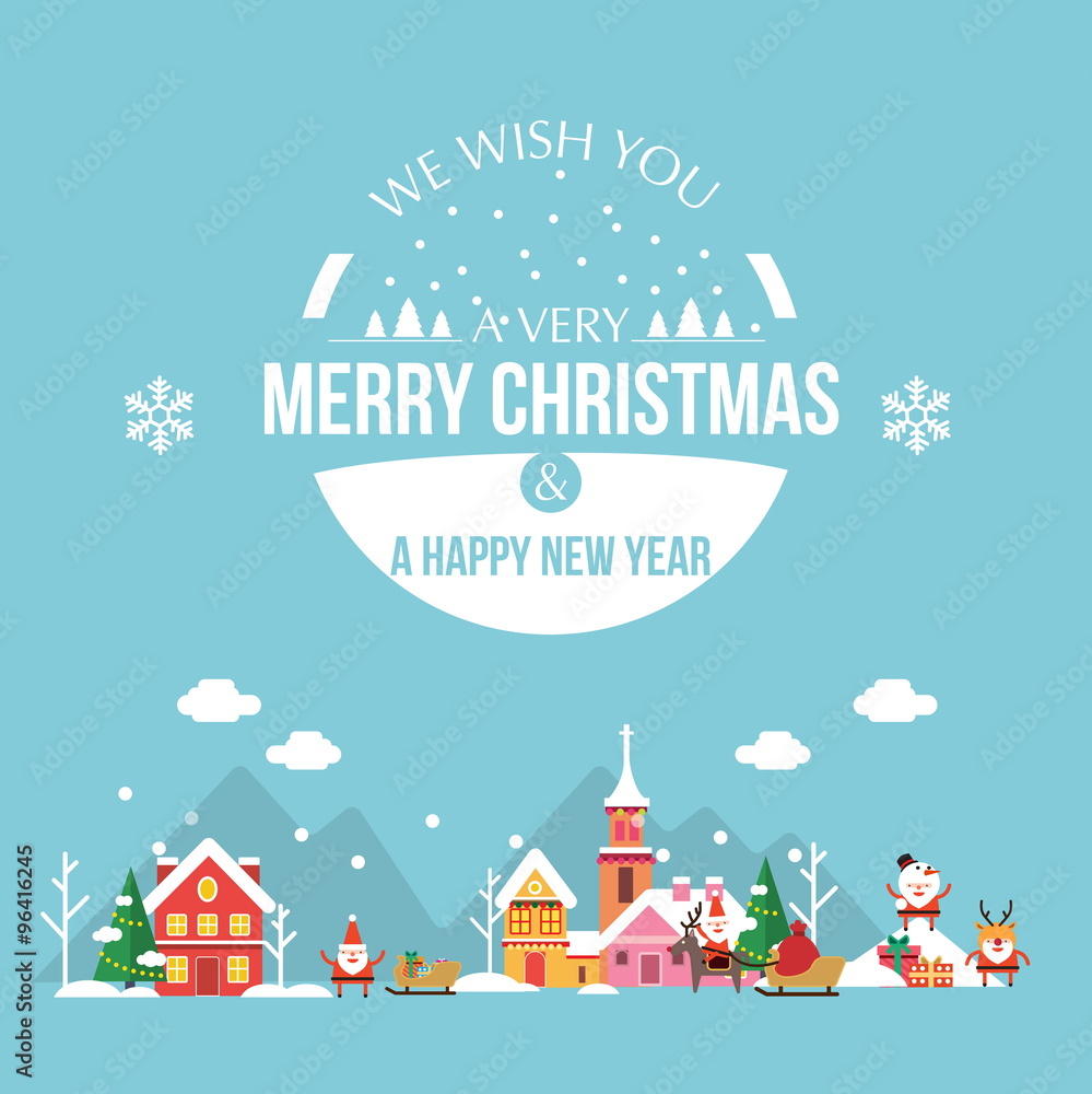 Christmas holiday modern flat design with cute little town. Happy new year greeting card. illustration vector eps 10