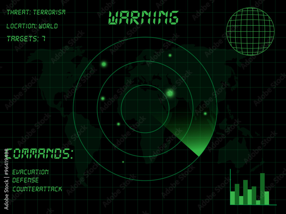 Military radar background with world map and targets