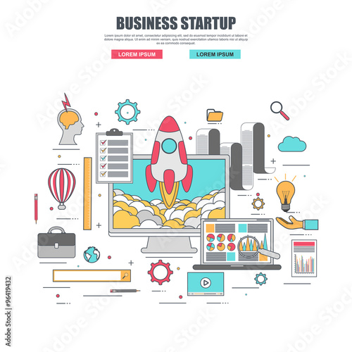 Thin line flat design concept of startup