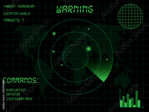 Military radar background with world map and targets