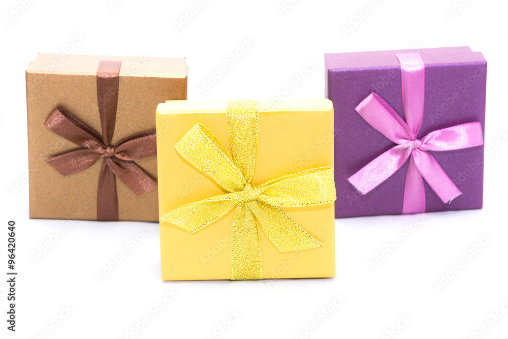 Three gift boxes with ribbon isolated on white background Three gift boxes with ribbon isolated on white background