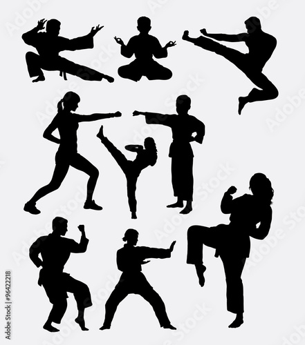 Martial art training. Man, woman, and kid. Good use for symbol, logo, web icon, mascot, game elements, or any design you want. Easy to use, edit, or change color.