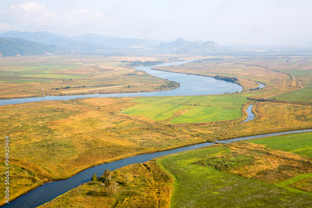 Autumn landscape in the valley of the river from a birds-eye